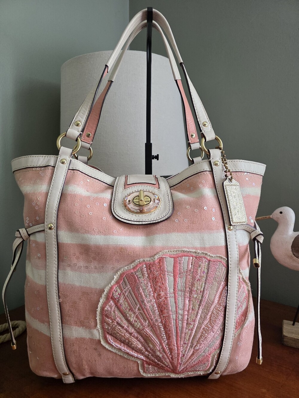 Coach 19576 Audrey Seashell Pink Sequin Canvas Leather Tote Bag Coastal